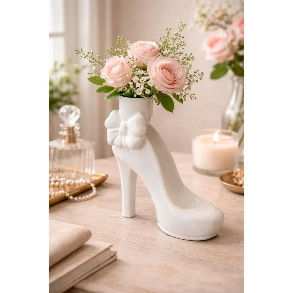 New White Ceramic High Heel Decorative Flower Table Vase Room Decor